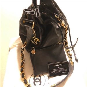 Authentic CHANEL Black Lambskin Leather Bucket Bag